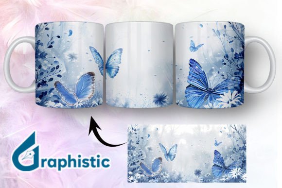 Blue Floral Butterfly Mug Wrap 08: Graphics & Illustrations for Makers