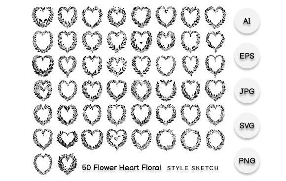 Flower Heart Floral Element Draw Black Graphics and Illustrations