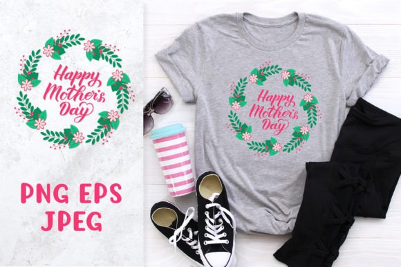 Happy Mothers Day. Round Floral Wreath Graphics and Illustrations